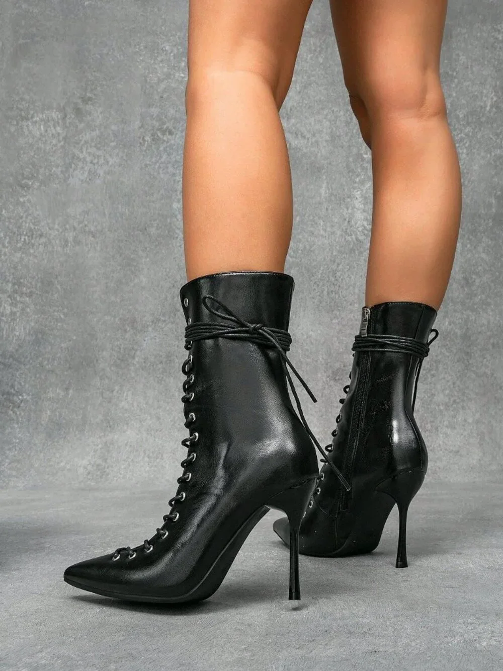 Black Sexy Women's Lace-Up High Heel Mid-Calf Boots